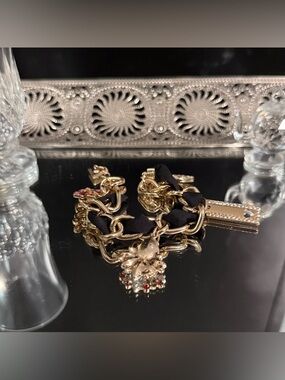 Gold Chain Link Bracelet with Black Ribbon & Charms